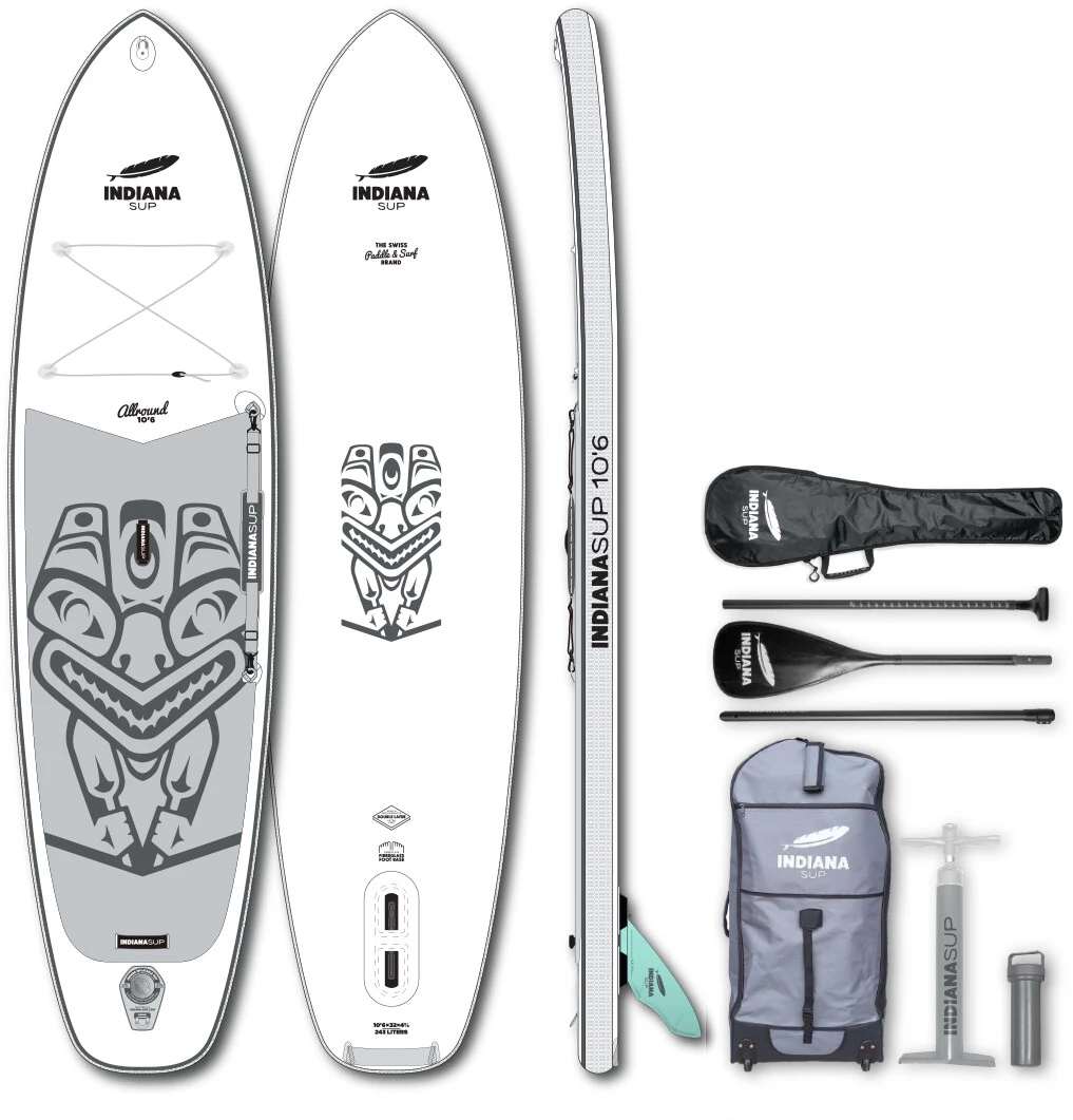 Indiana SUP 10'6 Allround Pack Basic pagaie 3 pièces en composite carbone-fibre de verre/pompe HP, blanc/gris 1 Indiana SUP 10'6 Allround Pack Basic pagaie 3 pièces en composite carbone-fibre de verre/pompe HP, blanc/gris