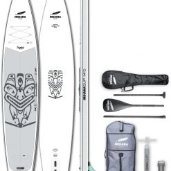 Indiana SUP 14'0 Touring Pack Premium pagaie 3 pièces carbone/Kit de réparation/pompe, blanc/gris